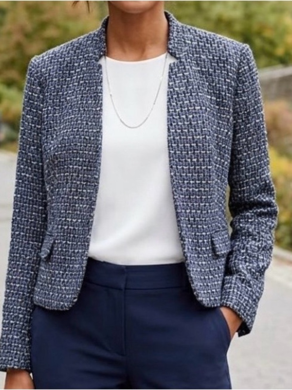 Calvin Klein Blue Black Tweed Collarless Blazer Jacket Flap Pockets Size 14